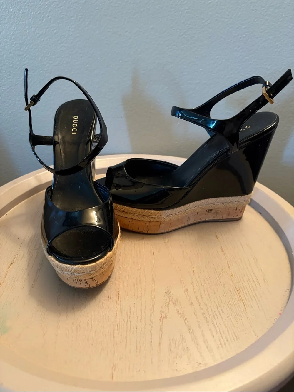 Gucci Black Patent Leather Platform Wedge Sandals